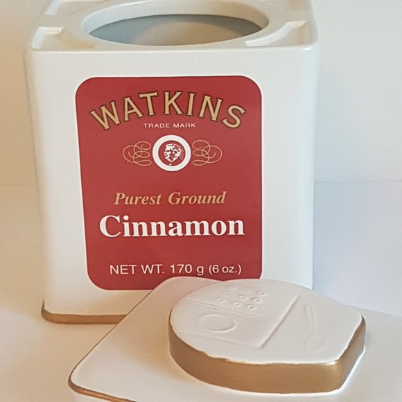 Vintage WATKINS cookie jar Watkins Ground Cinnamon Ceramic Cookie Jar Red White - Picture 9 of 16